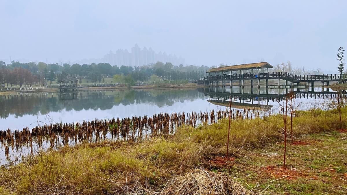 风萧萧，雾蒙蒙，松雅湖，景迷人。