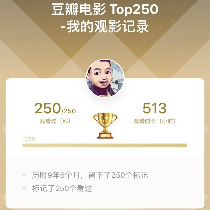 豆瓣250电影观影完成！